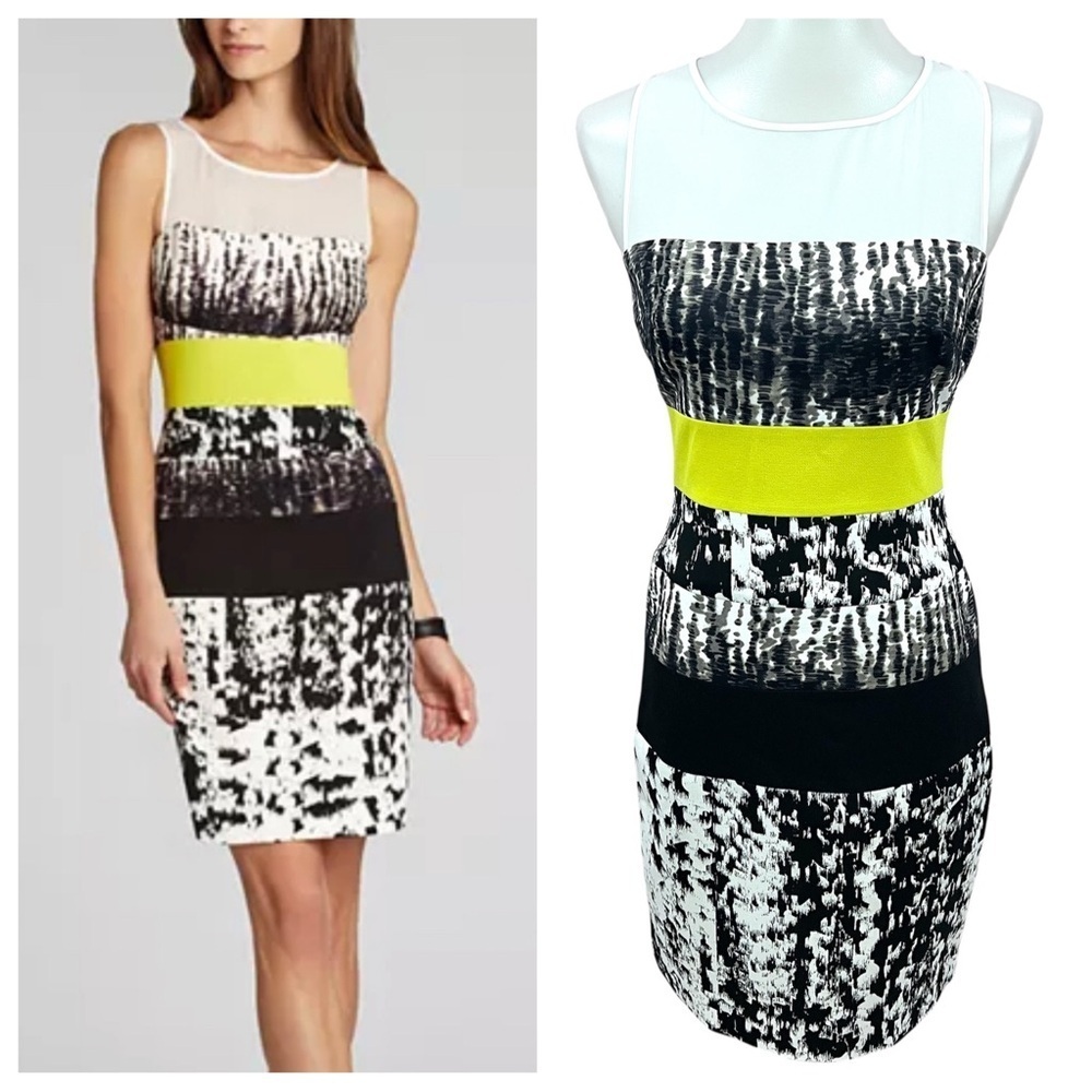 BCBGMaxazria Neon Chartreuse Colorblock Sheer Neckline Tara Sleeves Sheath Dress